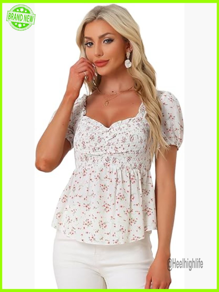 Puff Short Sleeve Sweetheart Blouse Floral Peplum Top